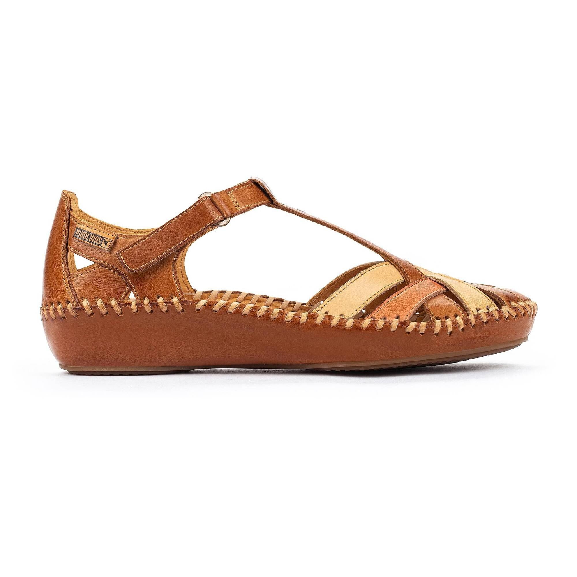 Pikolinos 655-0732C5 P Vallarta Brandy Leather T-Bar Sandals with woven stitching and ankle strap design.