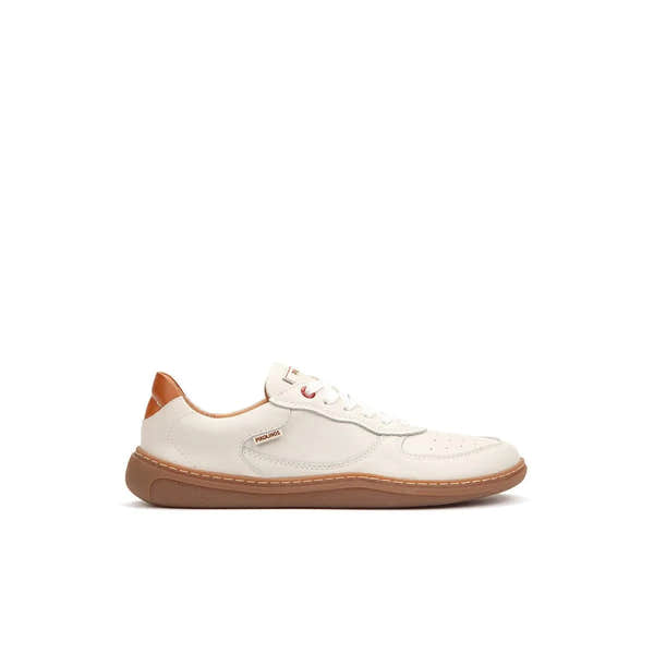 Pikolinos Aranjuez U9F-6363C1 women's white leather lace-up trainers with brown accents and rubber sole.