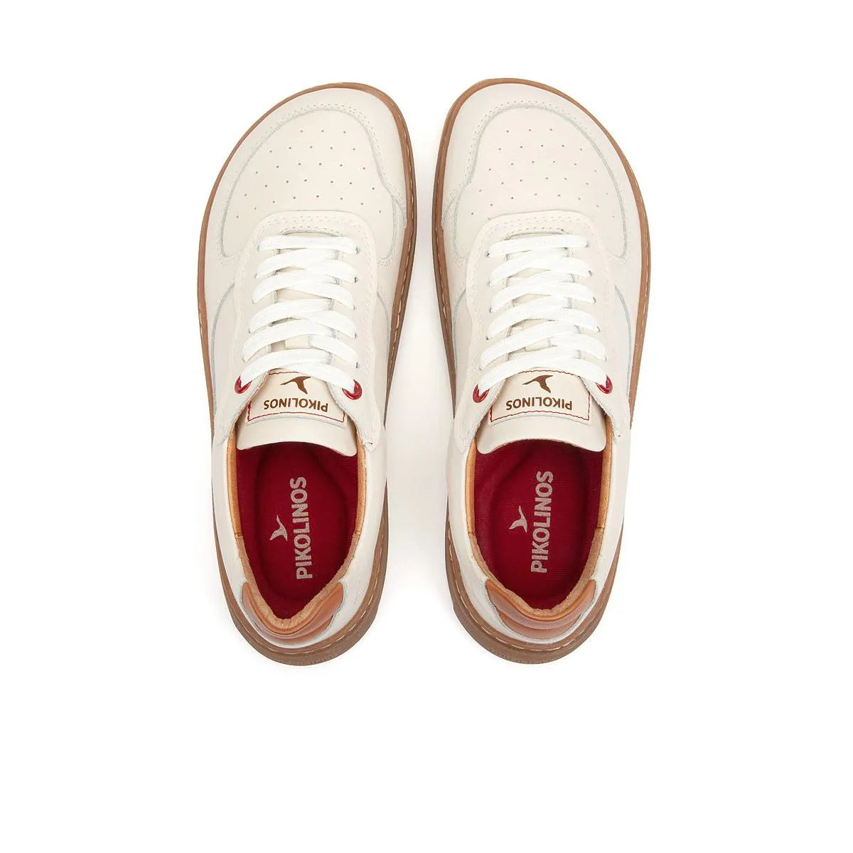 Pikolinos Aranjuez U9F-6363C1 women's natural leather lace-up trainers with white and tan design and red interior lining.