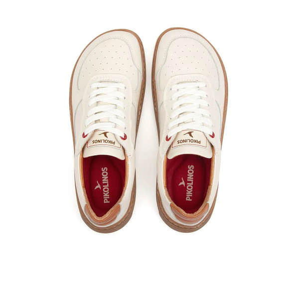 Pikolinos Aranjuez U9F-6363C1 women's natural leather lace-up trainers with white and tan design and red interior lining.