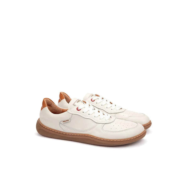 Pikolinos Aranjuez U9F-6363C1 women's Spanish natural leather lace-up trainers with tan accents and rubber soles.