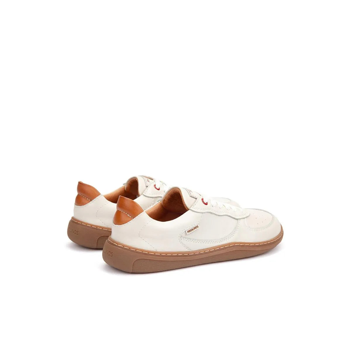 Pikolinos Aranjuez U9F-6363C1 women's lace-up trainers in white leather with tan accents and beige soles.