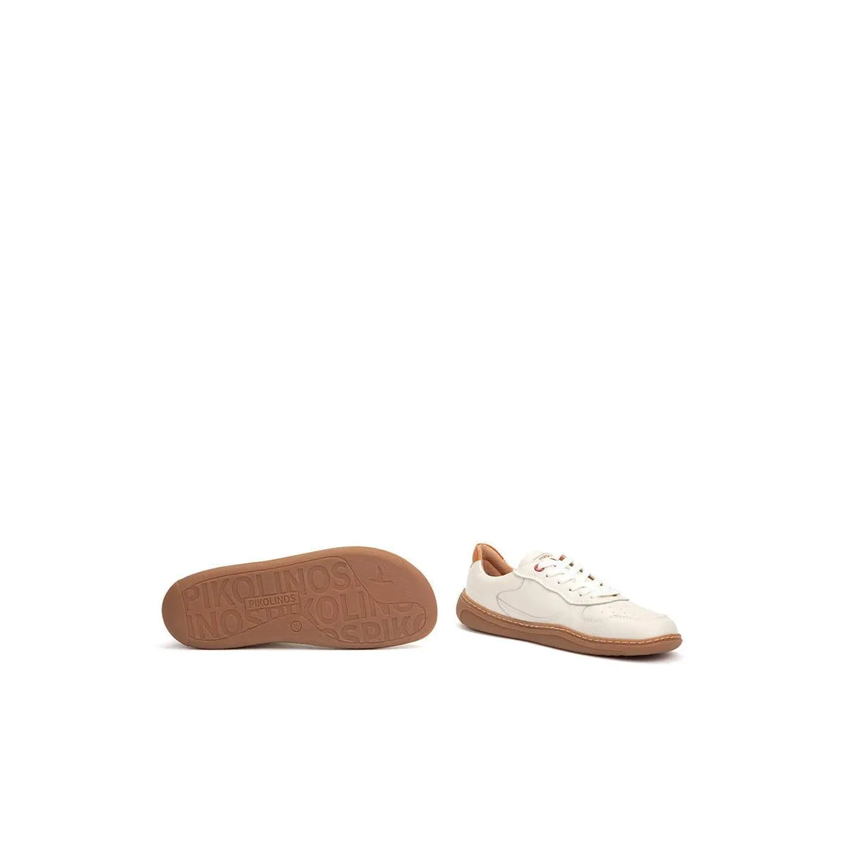 Pikolinos Aranjuez U9F-6363C1 ladies white leather lace-up trainers with tan sole and stylish design.