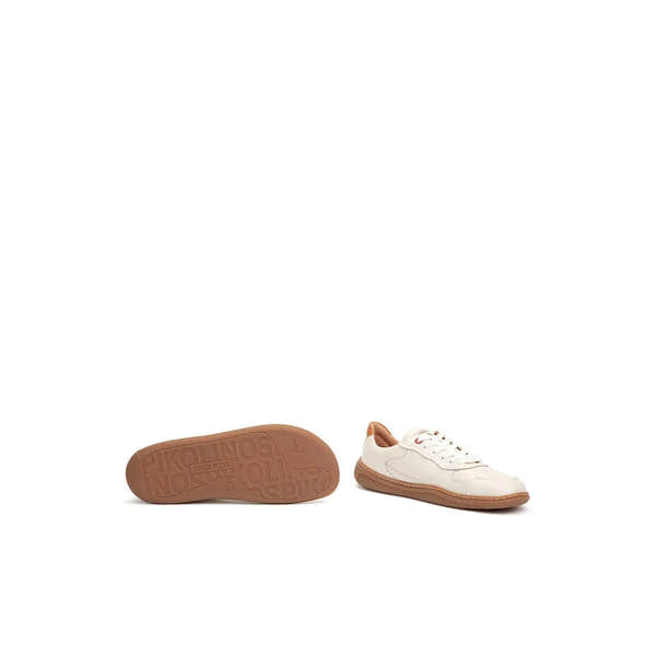 Pikolinos Aranjuez U9F-6363C1 ladies white leather lace-up trainers with tan sole and stylish design.