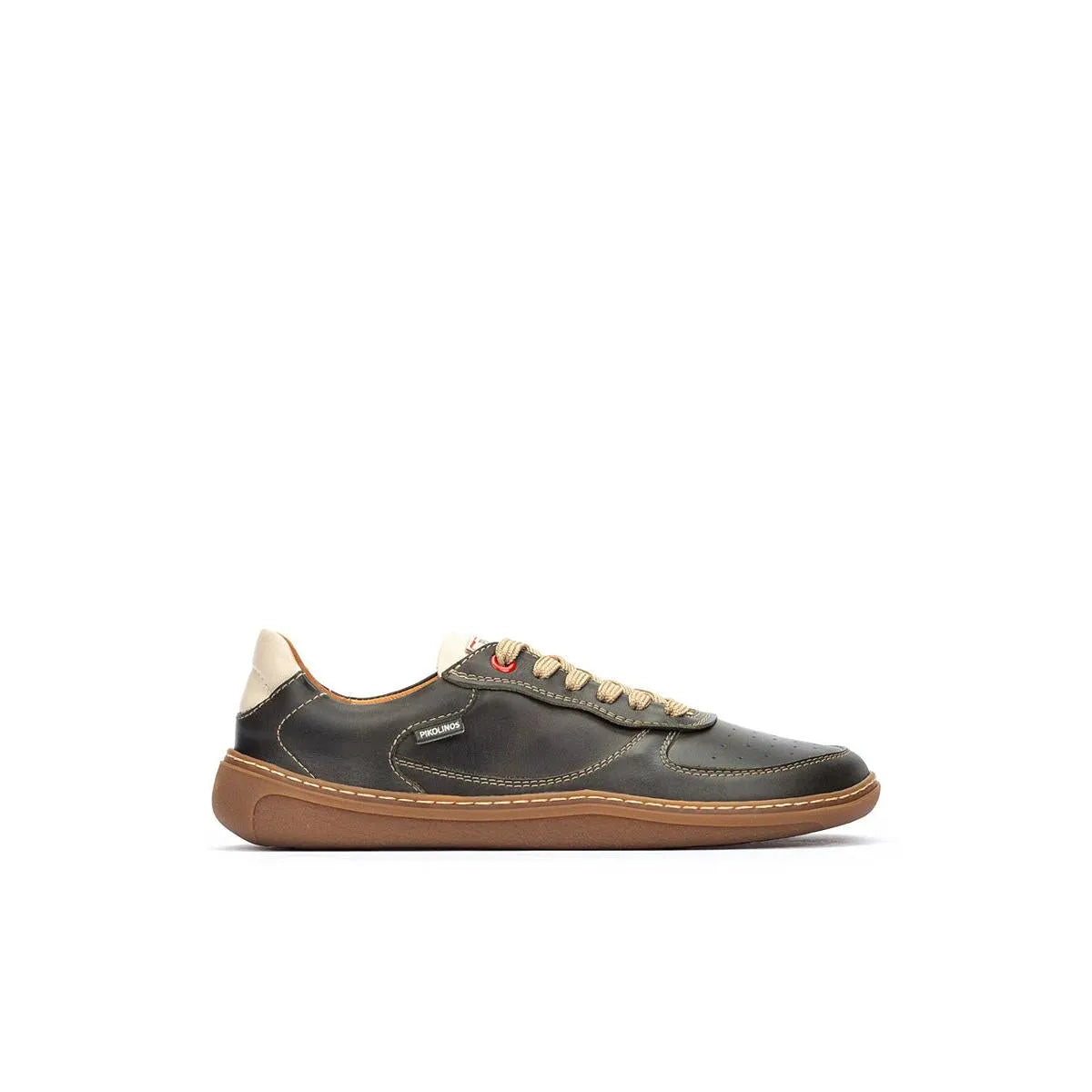 Pikolinos Aranjuez U9F-6363C2 unisex Spanish pine leather lace-up trainers with beige laces and gum sole.
