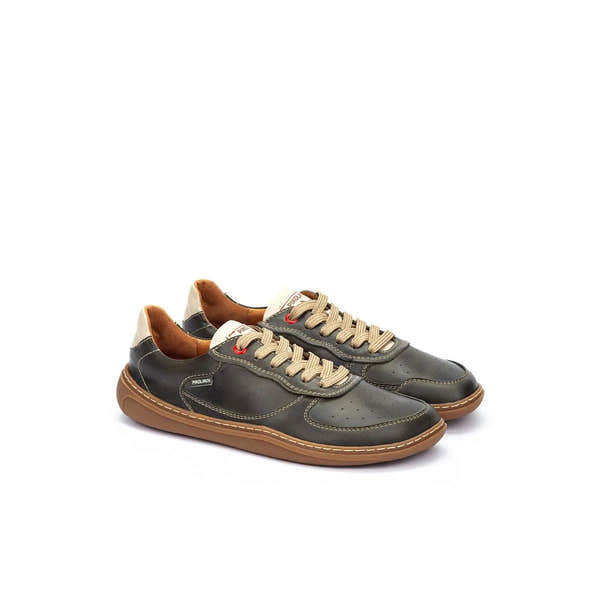 Pikolinos Aranjuez U9F-6363C2 unisex Spanish pine leather lace-up trainers with beige laces and brown sole.