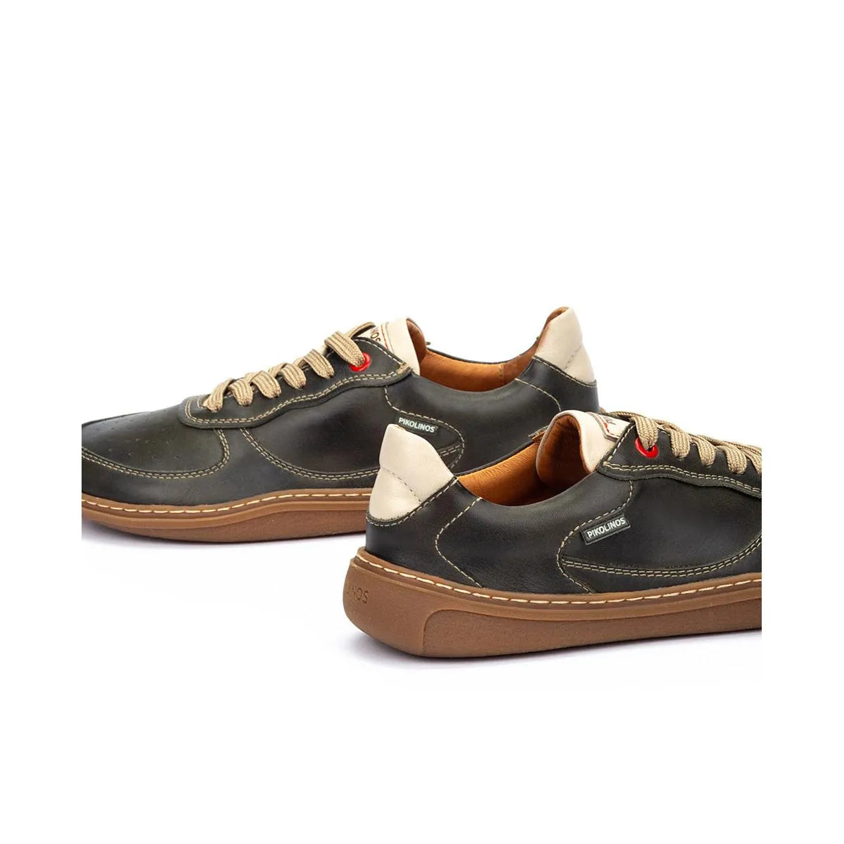 Unisex Pikolinos Aranjuez U9F-6363C2 leather lace-up trainers in Spanish pine color with beige accents and gum soles.