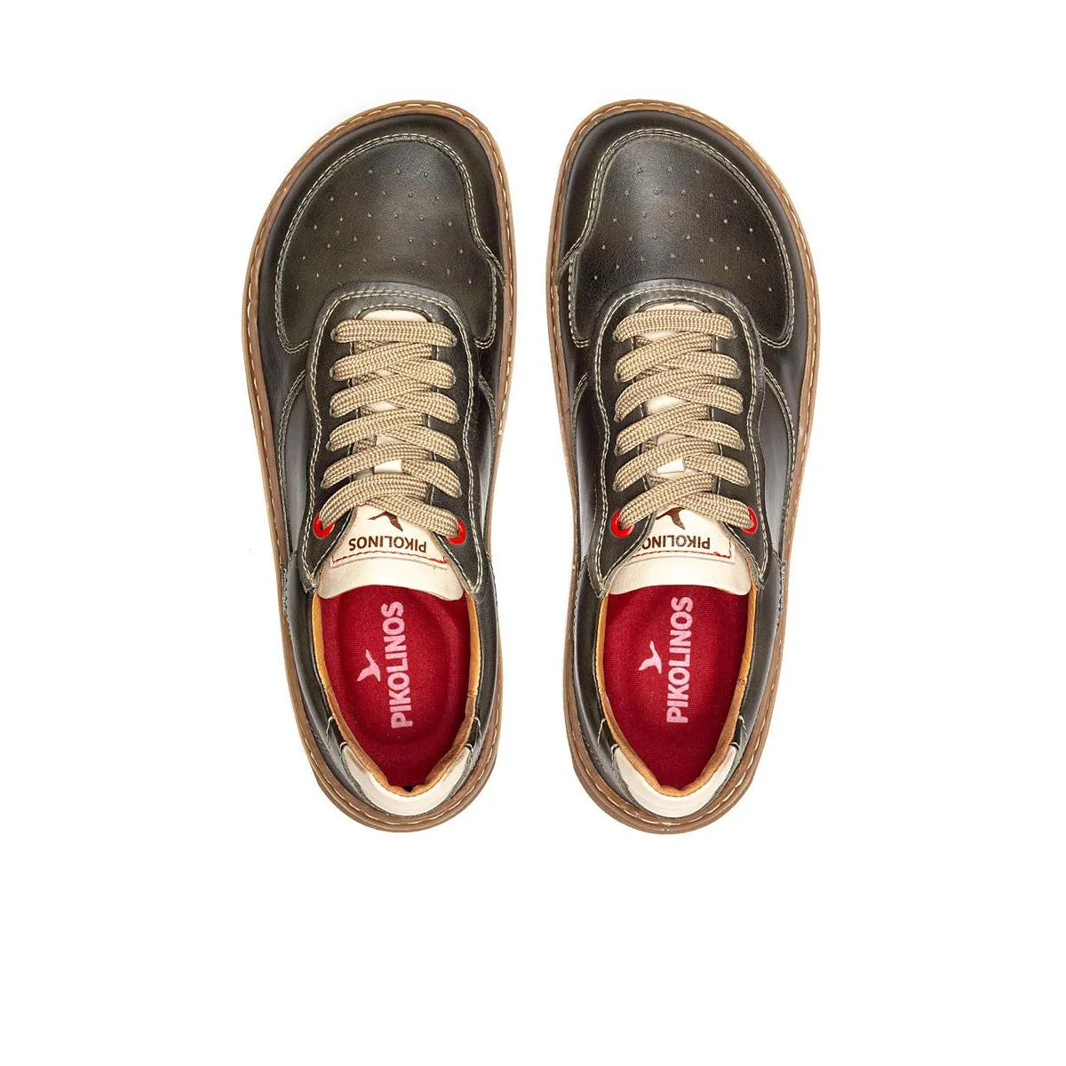 Pikolinos Aranjuez U9F-6363C2 unisex Spanish pine leather lace-up trainers, stylish casual sneakers with beige laces and red insoles.