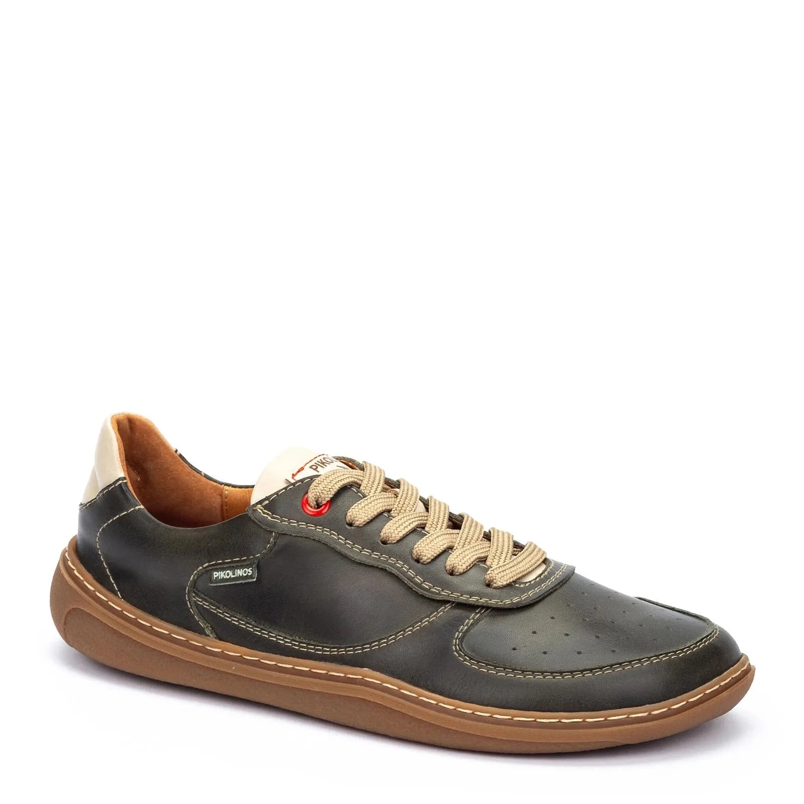 Unisex Pikolinos Aranjuez U9F-6363C2 leather lace-up trainers in Spanish pine color with beige laces and gum sole.