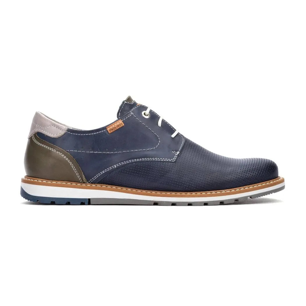 Pikolinos Berna M8J-4322C1 men's blue leather lace-up shoes with contrasting heel and perforated toe design.