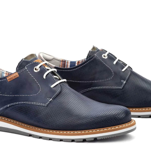 Pikolinos Berna M8J-4322C1 men's blue leather lace-up shoes with perforated design and white laces.