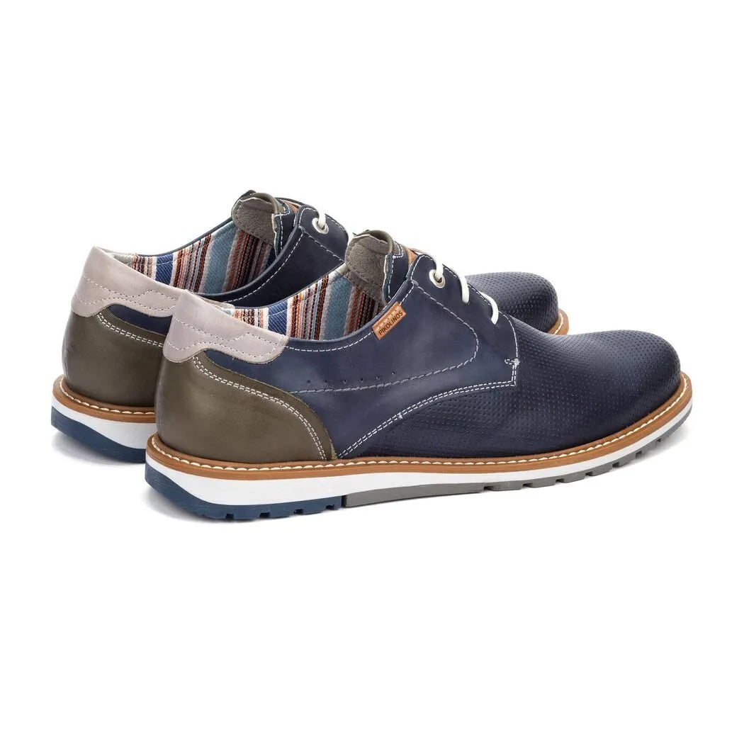 Pikolinos Berna M8J-4322C1 men's blue leather lace-up shoes with contrasting heel details and colorful lining.