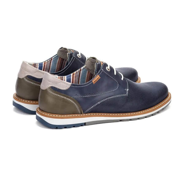 Pikolinos Berna M8J-4322C1 men's blue leather lace-up shoes with contrasting heel details and colorful lining.