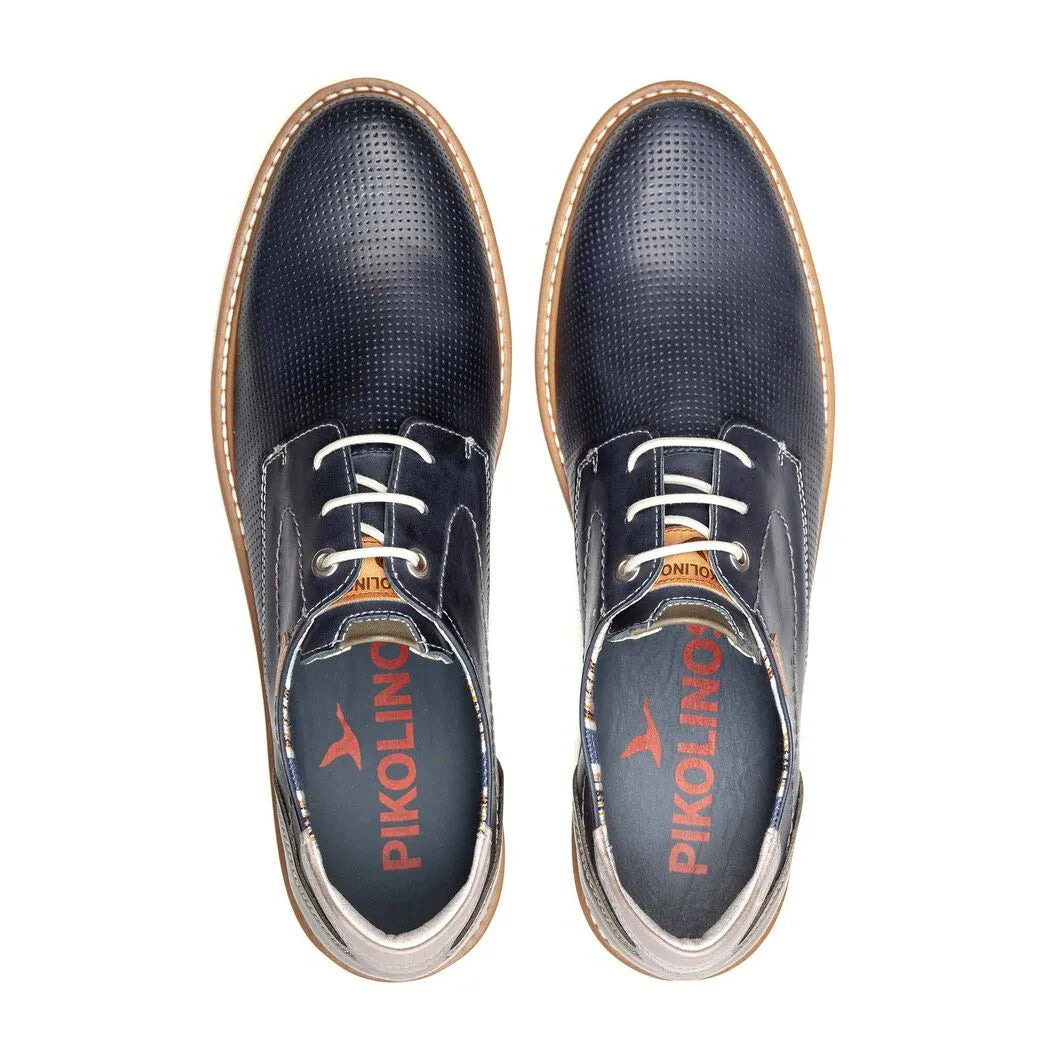Pikolinos Berna M8J-4322C1 men's blue leather lace-up shoes with perforated design and tan sole.