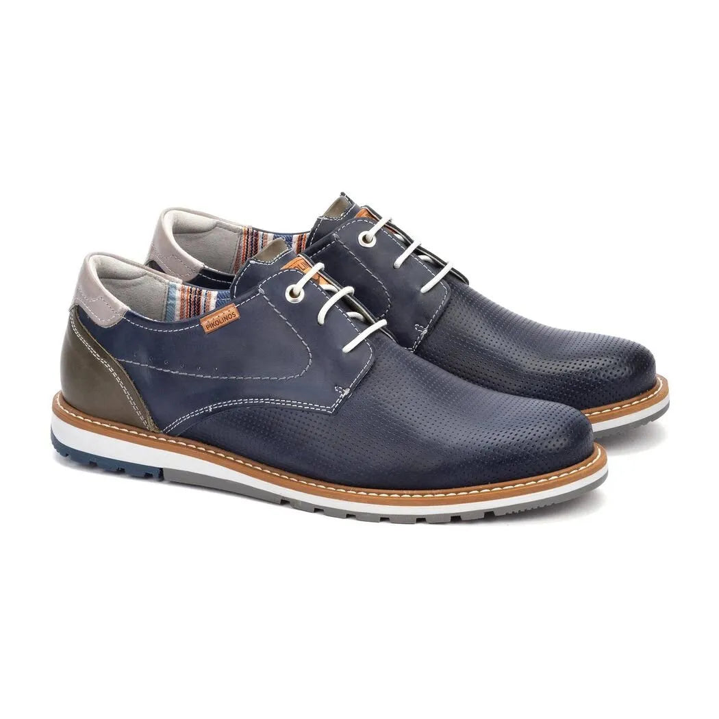 Pikolinos Berna M8J-4322C1 men's blue leather lace-up shoes with perforated design and contrasting accents.