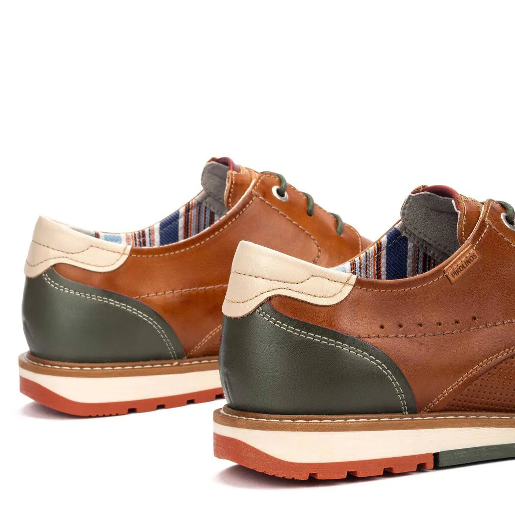 Pikolinos Berna M8J-4322C1 men's brandy leather lace-up shoes with multicolor striped lining and contrast heel detail.