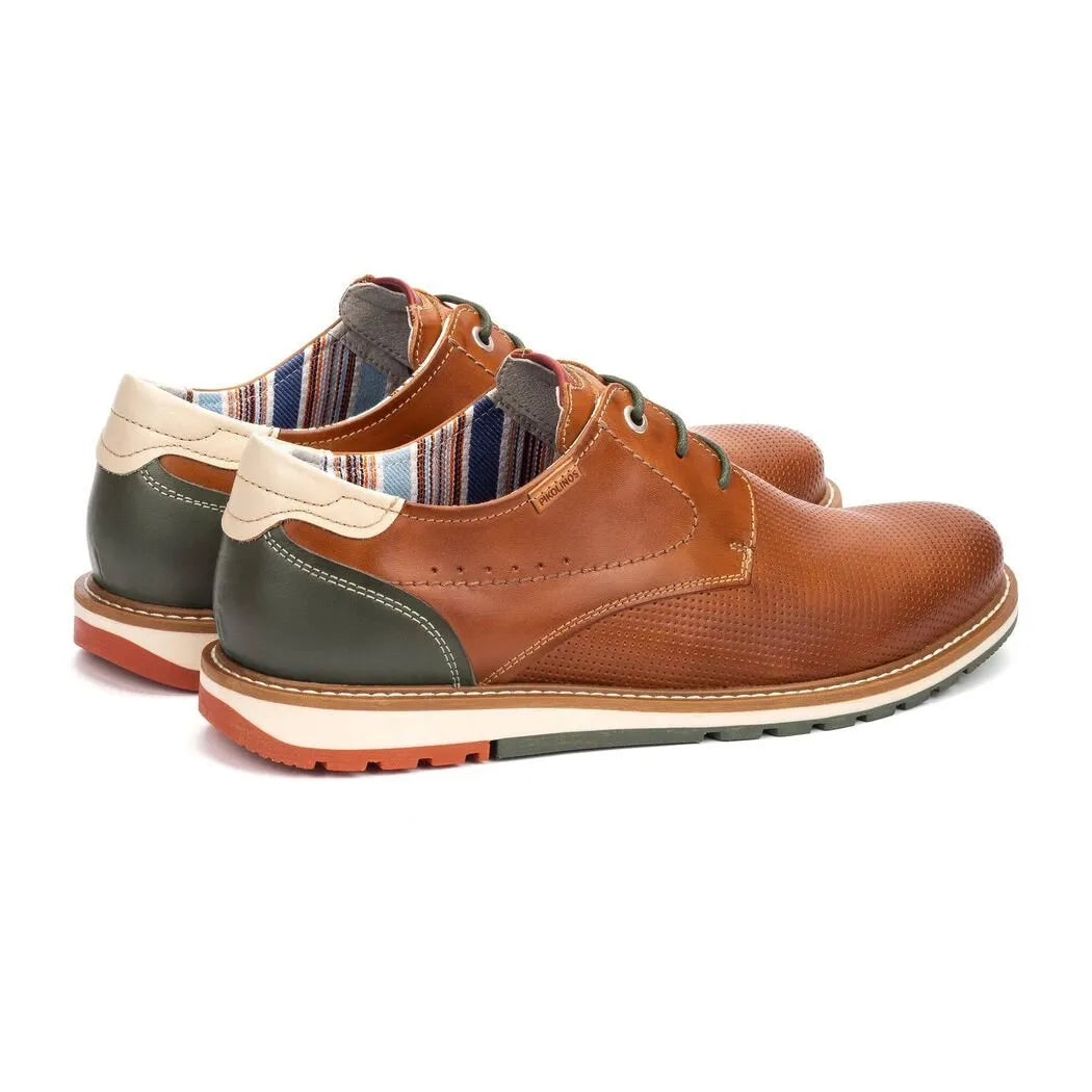 Pikolinos Berna M8J-4322C1 men's brendy leather lace-up shoes with colorful striped interior, brown and green accents.