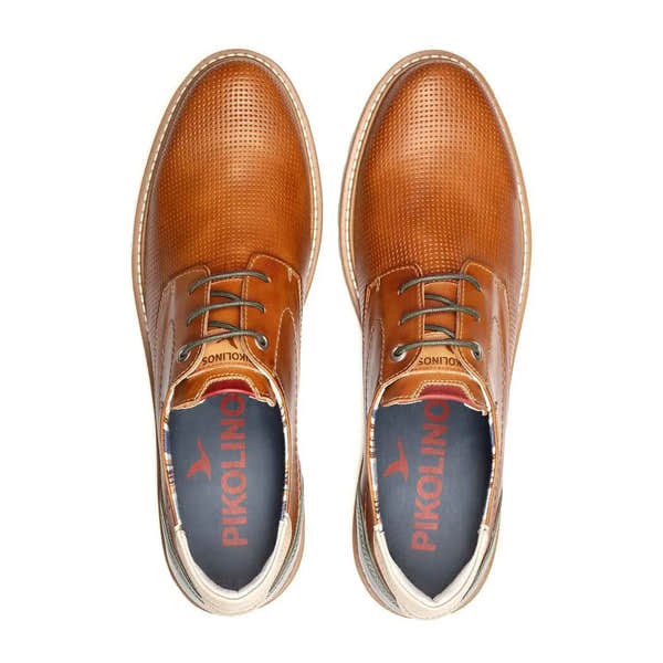 Pikolinos Berna M8J-4322C1 men's brendy leather lace-up shoes with perforated design and white stitching.