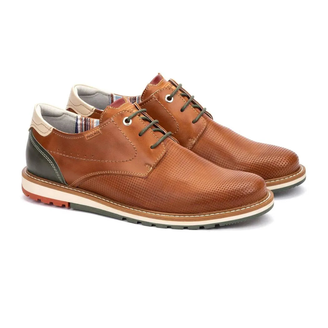 Pikolinos Berna M8J-4322C1 men's brendy leather lace-up shoes with perforated detailing, white and black accents, and cushioned sole.