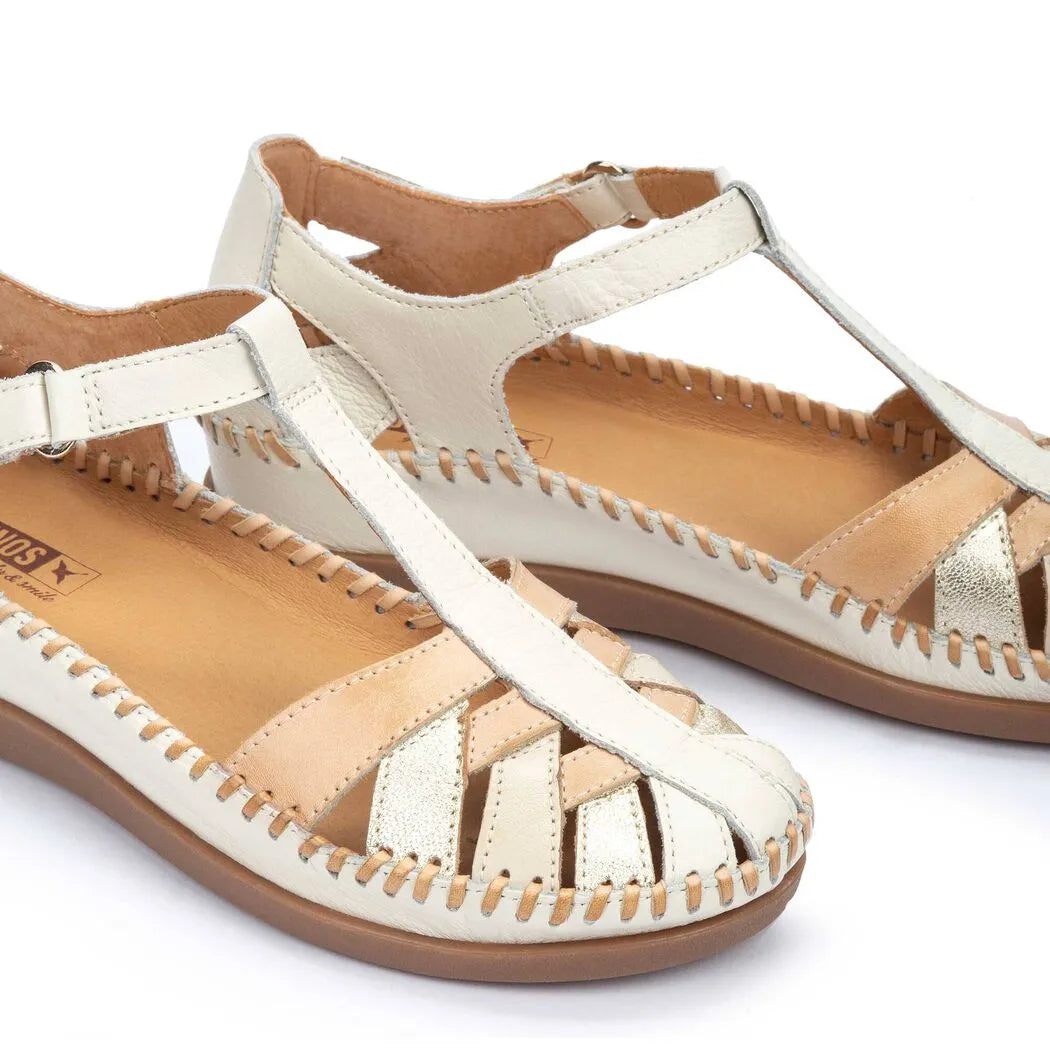 Pikolinos Cadaques W8K-0705C1 women's leather touch fastening sandals with open toe and T-strap design.