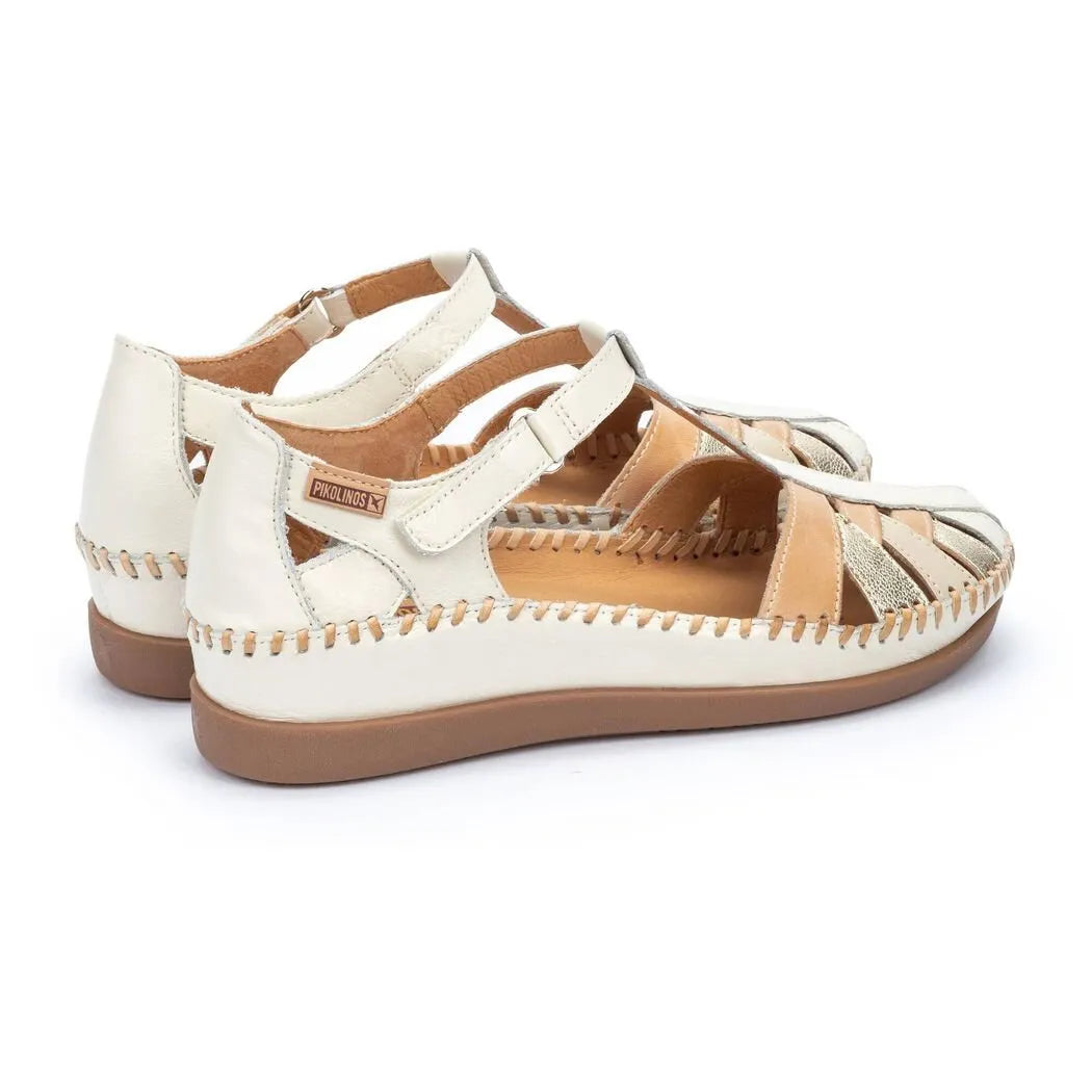Pikolinos Cadaques W8K-0705C1 women's leather touch fastening sandals with cut-out design, beige and metallic accents, and cushioned soles.