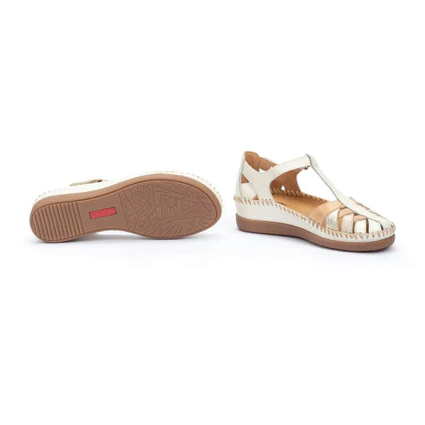 Pikolinos Cadaques W8K-0705C1 women's leather sandals with touch fastening, open toe design, and beige and metallic accents.