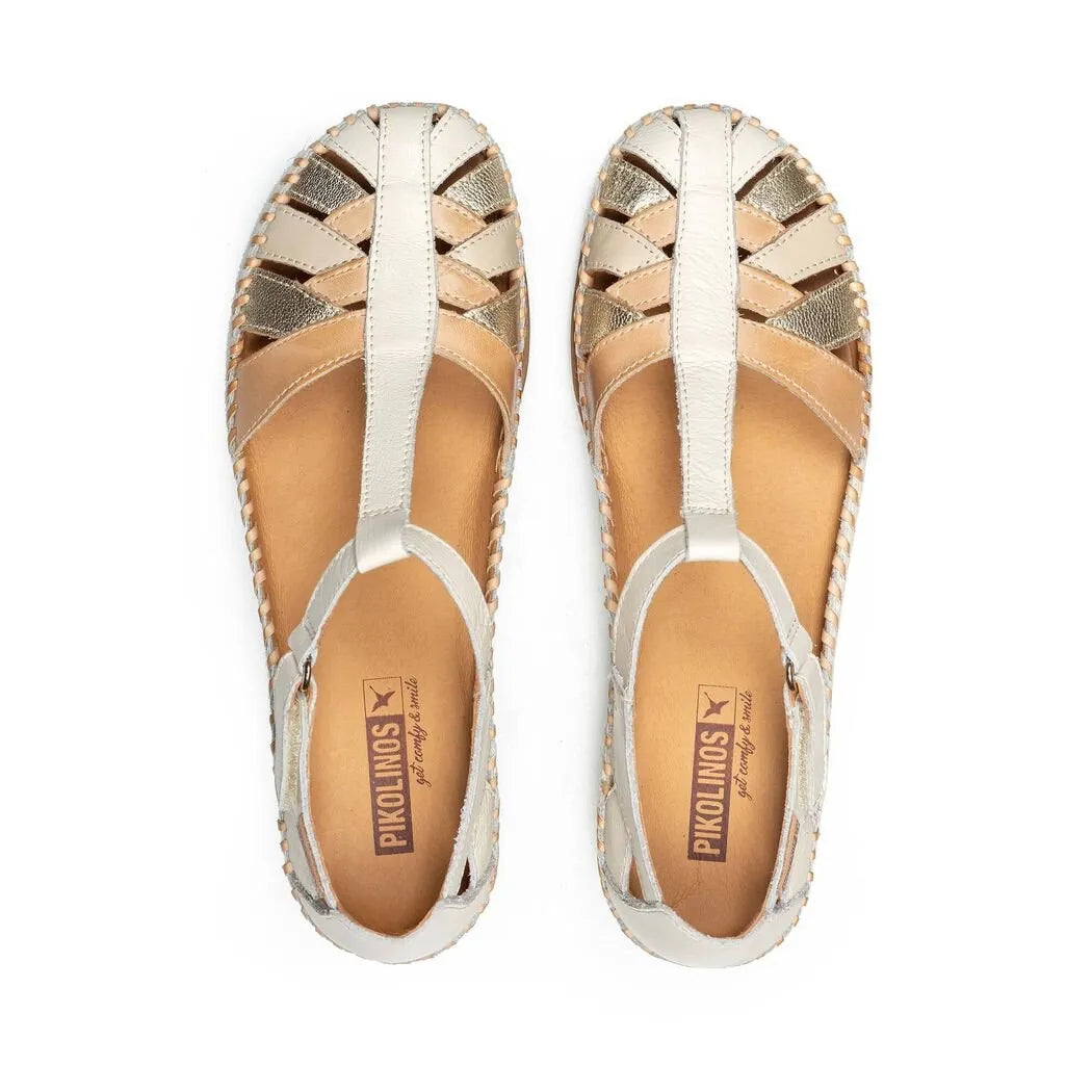 Pikolinos Cadaques W8K-0705C1 women's leather touch fastening sandals with metallic and neutral straps, lightweight and stylish.