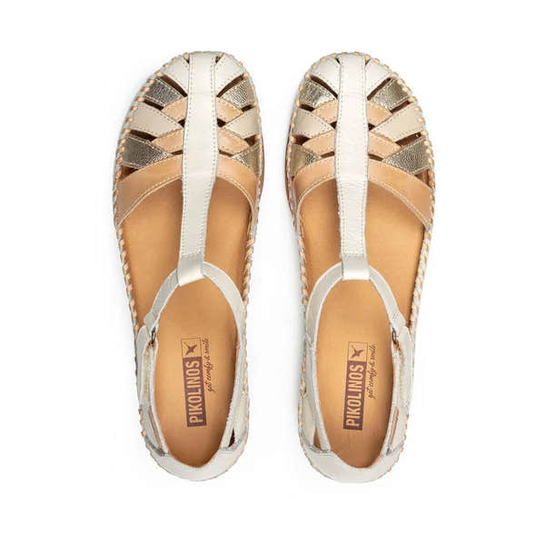 Pikolinos Cadaques W8K-0705C1 women's leather touch fastening sandals with metallic and neutral straps, lightweight and stylish.