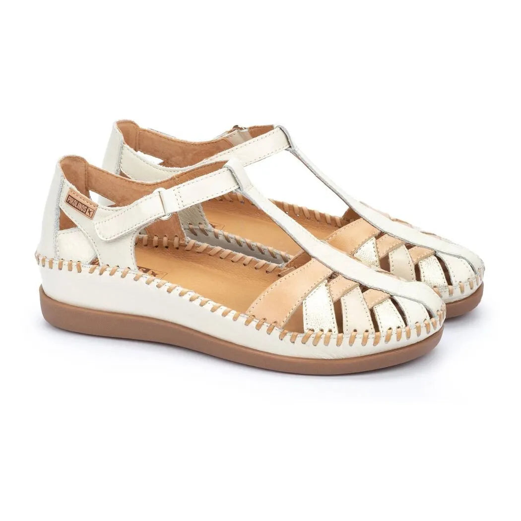 Pikolinos Cadaques W8K-0705C1 women's leather touch fastening sandals with woven design and cushioned sole.