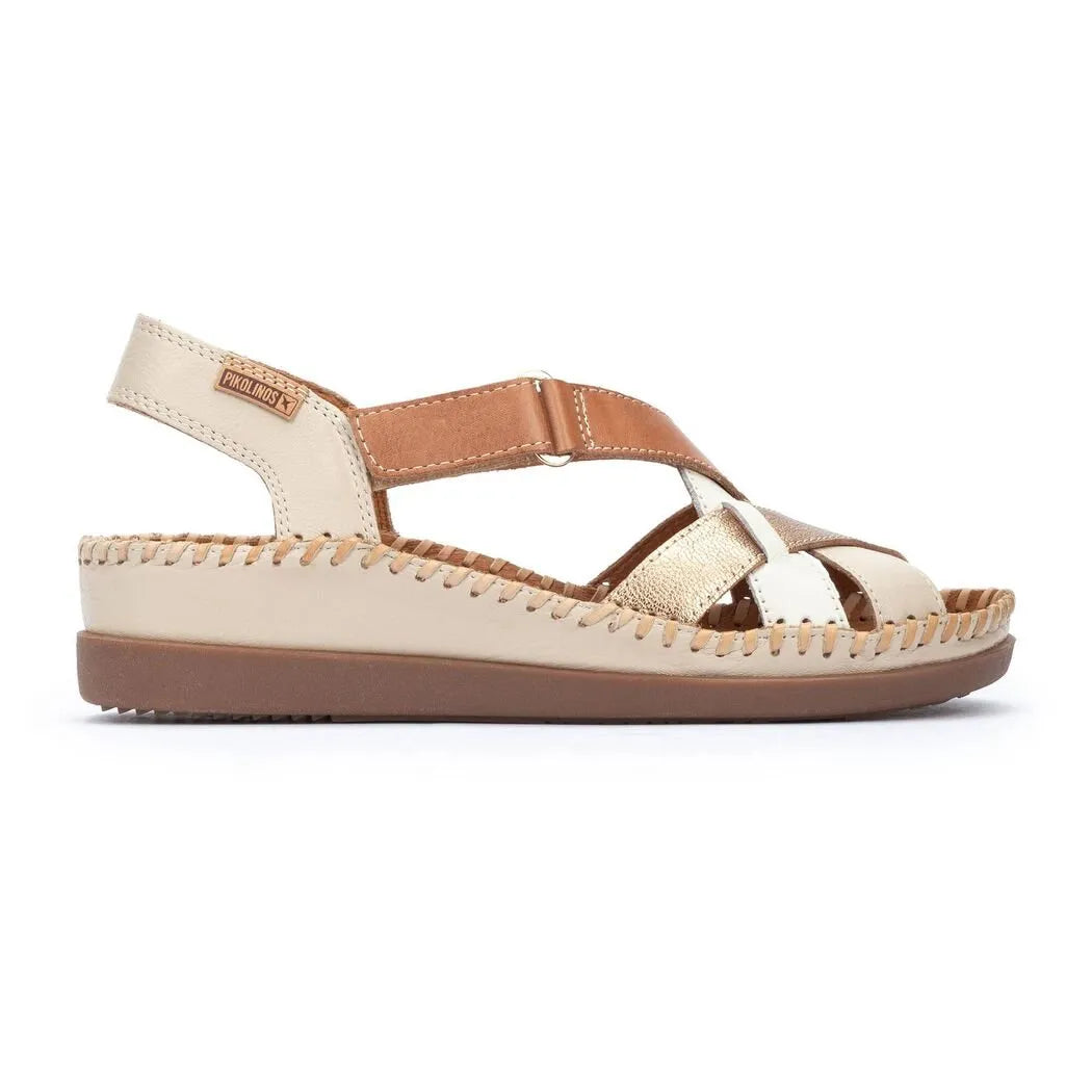 Pikolinos Cadaques W8K-0741C2 women's beige leather sandals with touch fastening and braided sole detail.