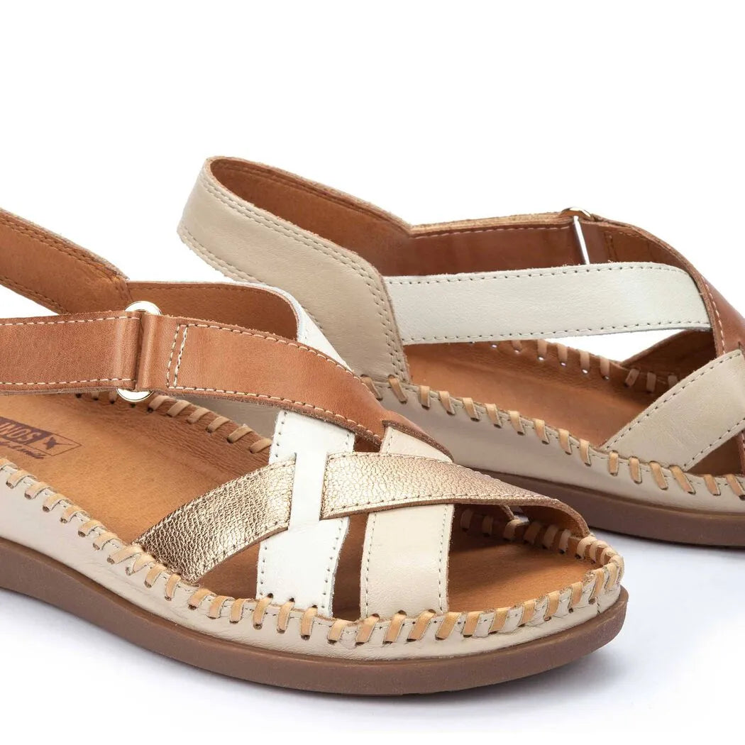 Pikolinos Cadaques W8K-0741C2 women's beige leather touch-fastening sandals with multicolor straps and stitching detail.