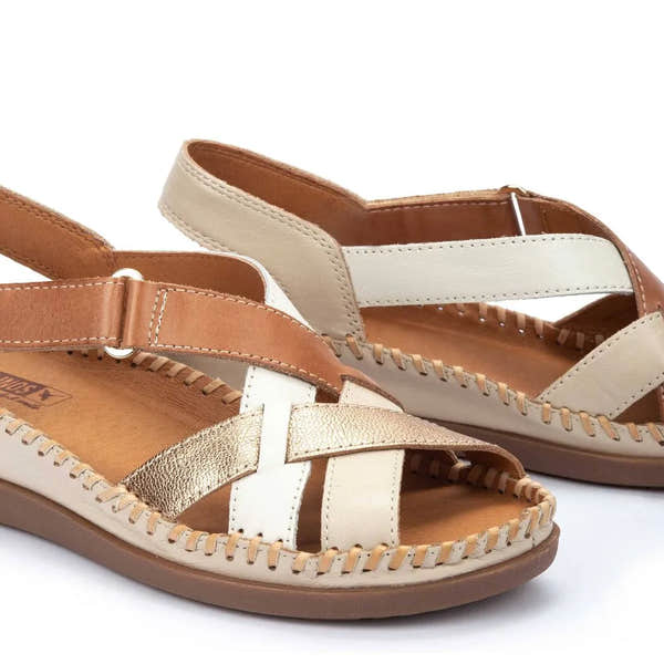 Pikolinos Cadaques W8K-0741C2 women's beige leather touch-fastening sandals with multicolor straps and stitching detail.