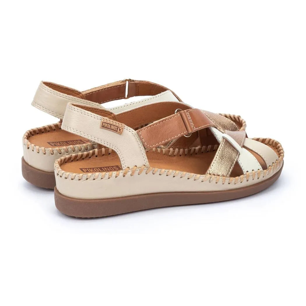 Pikolinos Cadaques W8K-0741C2 ladies' beige leather sandals with touch fastening and cushioned soles.