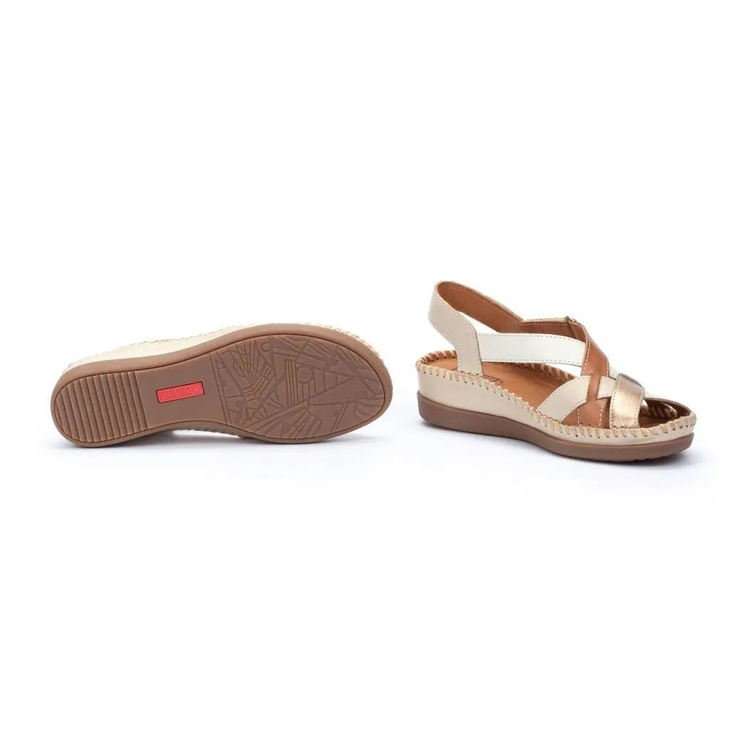 Pikolinos Cadaques W8K-0741C2 beige leather ladies sandals with touch fastening, open toe, and cushioned sole.