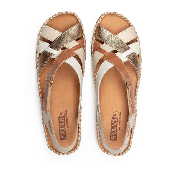 Pikolinos Cadaques W8K-0741C2 beige leather women's touch-fastening sandals with braided jute sole.