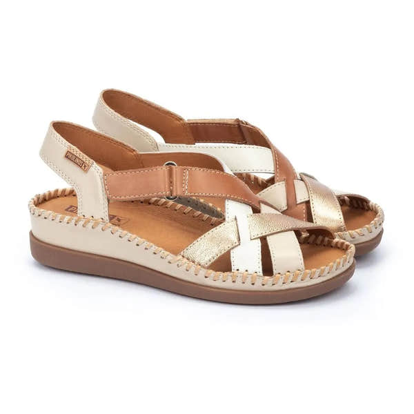 Pikolinos Cadaques W8K-0741C2 women's beige leather touch-fastening sandals with open toe, straps, and cushioned sole.