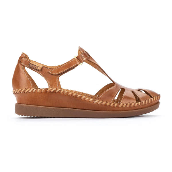 Pikolinos Cadaques W8K-0802 women's brany leather touch fastening sandals with ankle strap and woven detail.