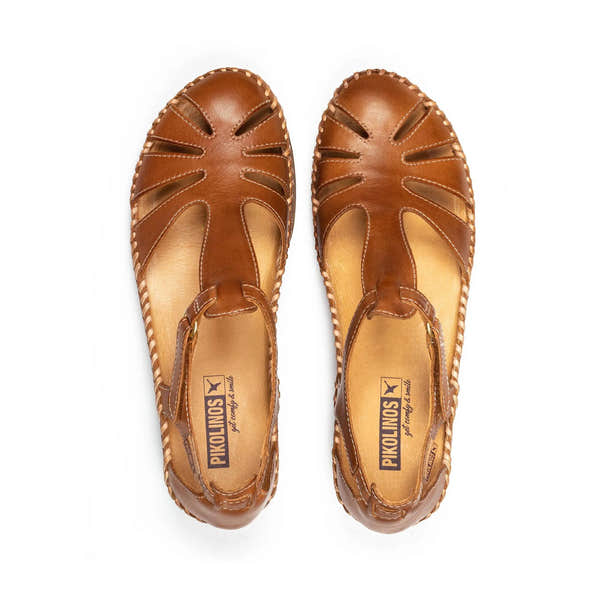 Pikolinos Cadaques W8K-0802 women's brany leather sandals with touch fastening and cut-out design, cute and comfortable for summer wear.