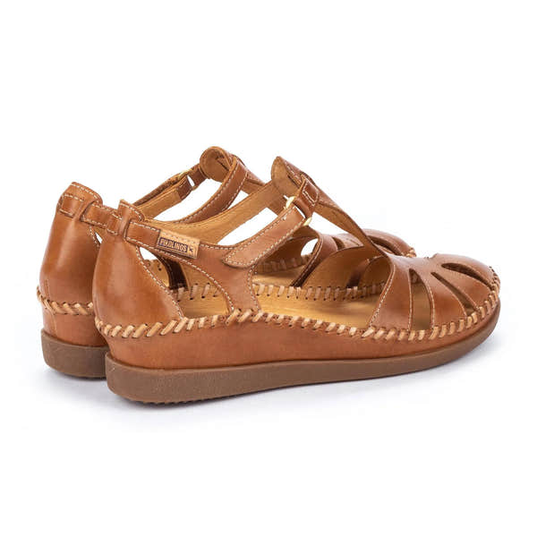 Pikolinos Cadaques W8K-0802 women's brany leather sandals with touch fastenings and woven sole detail.