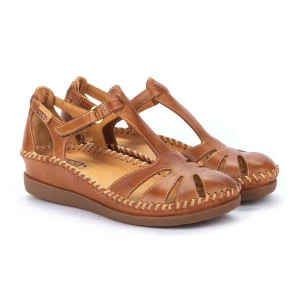 Pikolinos Cadaques W8K-0802 ladies' brandy leather sandals with touch fastening and open toe design.