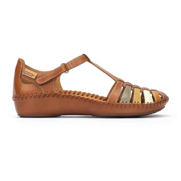 Pikolinos P. Vallarta 655-0843C4 women's brown leather touch fastening sandal with colorful woven upper and closed-toe design.