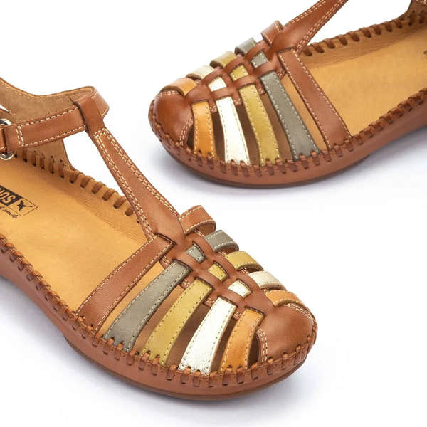 Pikolinos P. Vallarta 655-0843C4 women's leather sandals with colorful woven straps and touch-fastening closure.