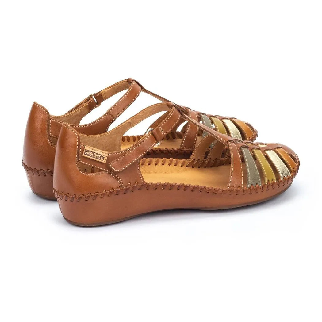 Pikolinos P. Vallarta 655-0843C4 women's leather touch fastening sandals in brassy tones with multicolored woven upper details.