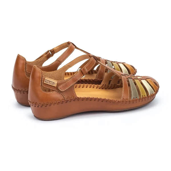 Pikolinos P. Vallarta 655-0843C4 women's leather touch fastening sandals in brassy tones with multicolored woven upper details.