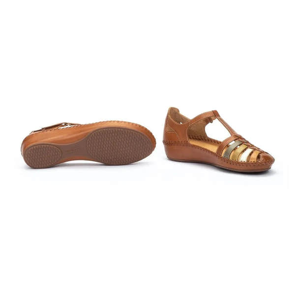 Pikolinos P. Vallarta 655-0843C4 women's brady leather touch fastening sandals in brandy color with cut-out design and metallic accents.