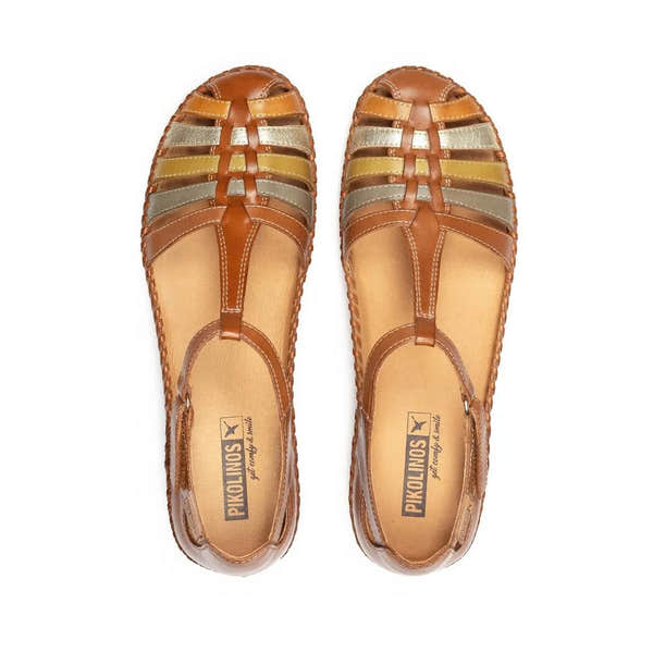 Pikolinos P. Vallarta 655-0843C4 women's brandy leather sandals with touch fastenings and multicolor straps.