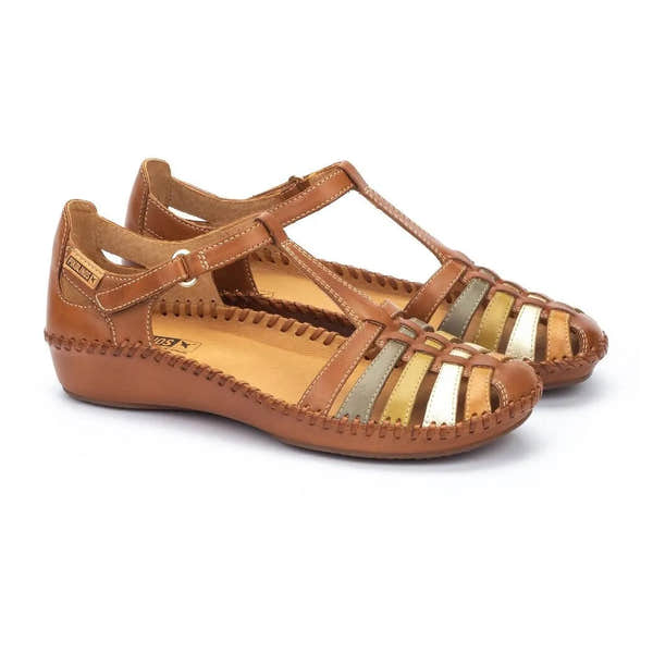 Pikolinos P. Vallarta 655-0843C4 women's leather touch fastening sandals in brandy color with multicolor straps and breathable design.