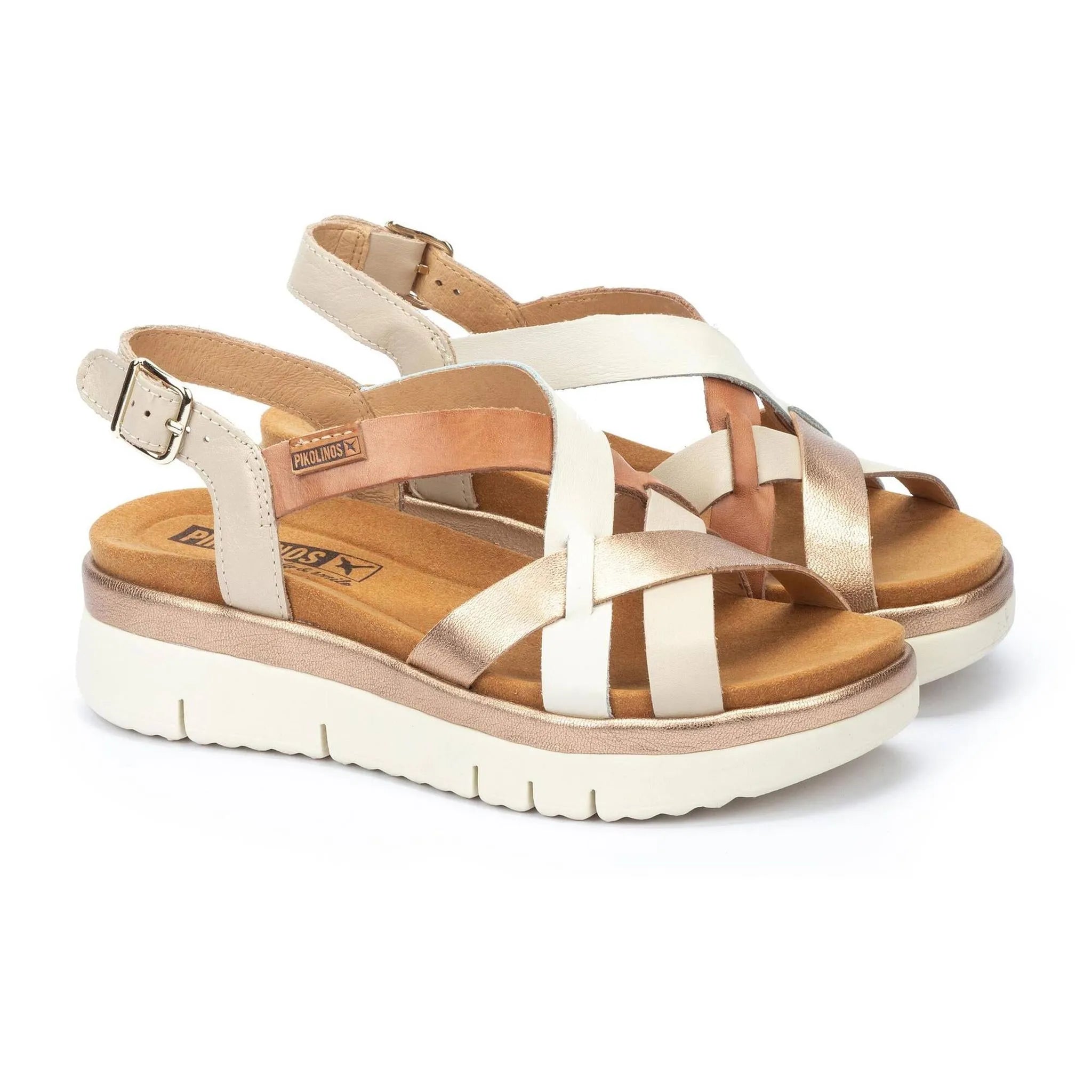 Alt text: Pikolinos Palma W4N-0650C1 ladies' bradny leather buckle sandals with multiple neutral-toned straps and cushioned insoles.