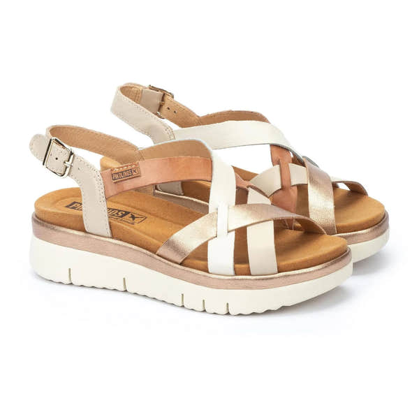 Alt text: Pikolinos Palma W4N-0650C1 ladies' bradny leather buckle sandals with multiple neutral-toned straps and cushioned insoles.
