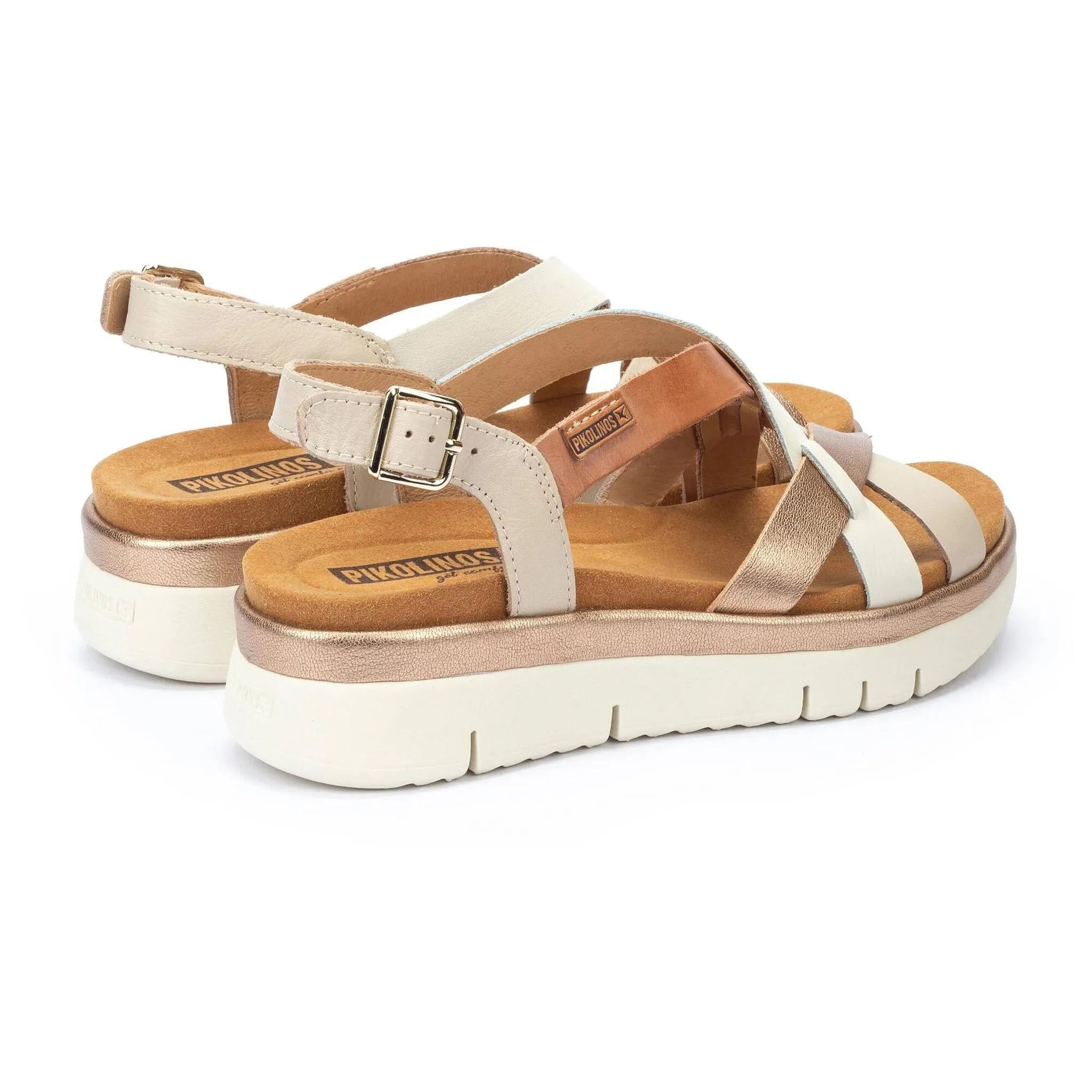 Pikolinos Palma W4N-0650C1 women's brandy leather buckle sandals with straps and chunky sole.
